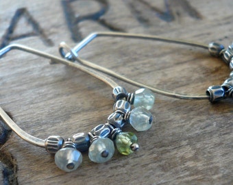 Petiole Earrings - Handmade. Peridot. Prehnite. Oxidized sterling silver Hoops