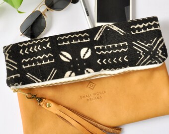 Leather Foldover Clutch - Boho Leather Purse - Tribal Mudcloth- Hipster bag - Leather Clutch bag - Handmade in Australia