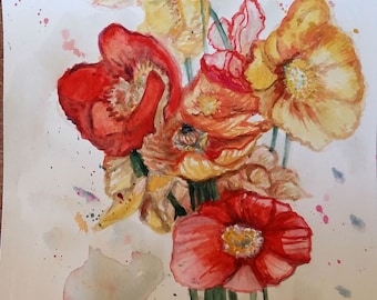 Original Watercolor Painting, Red, Yellow Poppies, 10"x8", 1803171
