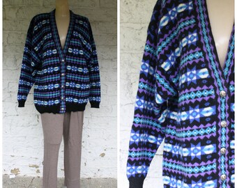 Vintage Plus Size Cardigan / Fair Isle Sweater / Blue Wool Cardigan Sweater / Vintage Nordstrom Cardi XL/XXL