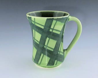 MADE-TO-ORDER Mug, Ceramic Coffee Mug, Green Porcelain Mug, Ceramic Coffee Cup, Large Plaid Mug, Ceramic Tea Mug, Wheel Thrown Pottery Mug