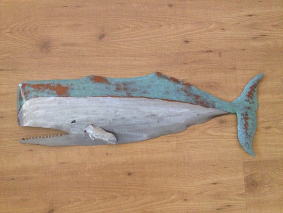 Whale 32in Metal Wall Sculpture Coastal Cottage Cabin Fish Art