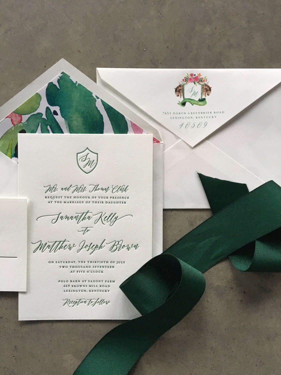 Sample Classic Crest wedding invitation in green ink