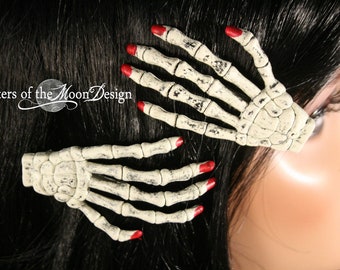 Skeleton hands hair clips with painted red nails pair -- Sisters of the Moon