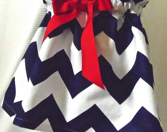 Girls' Navy Chevron adjustable waist Skirt with Red Bow
