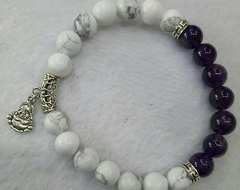 Peace, Healing and Protection Bracelet 8 MM with Amethyst, Howlite and Laughing Buddha Charm
