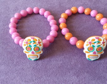 You Pick Day of the dead stretch bracelet dia de los muertos white and pink bracelet sugar skull white pink and orange skull
