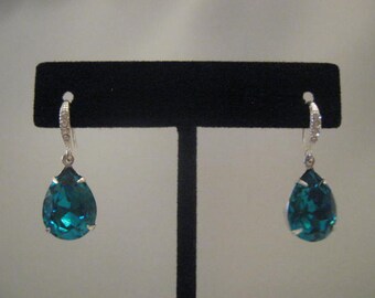 Blue zircon earrings Swarovksi rhinestone earrings bridal accessories crystal earrings teardrop earrings silver earrings silver o earrings