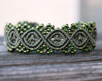 Micro-Macrame Beaded Cuff Bracelet - Dark Olive