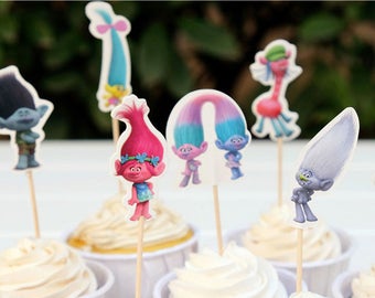 Trolls cake toppers, Trolls birthday supplies, Trolls cupcake toppers - 24 pcs