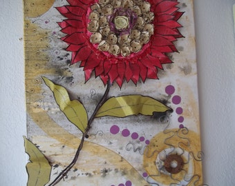 Original mixed media collage "Red flower with Suns"