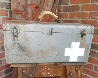 Large Rusty Metal Gray Tool Box with Red Cross Symbol, gray rustic box, red cross symbol, industrial tool box, red cross decor