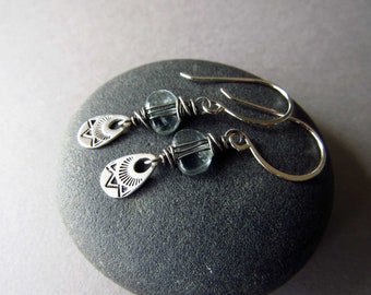 Aquamarine Earrings, Gemstone Earrings, Wire Wrapped Earrings, Moss Aquamarine, Dainty Earrings, March Birthstone, Unique Earrings, Stamped