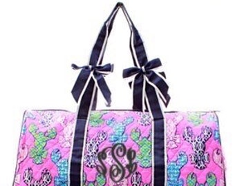 Nautical duffle bag quilted w/detachable bows, zippered closure with FREE Monogram or Name - Lobster, Starfish, Seahorse, Crab, Anchors