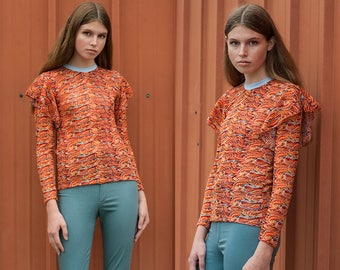 Orange Ruffle Sleeve Crew Neck Mesh Long Sleeve Top XS S M L XL XXL