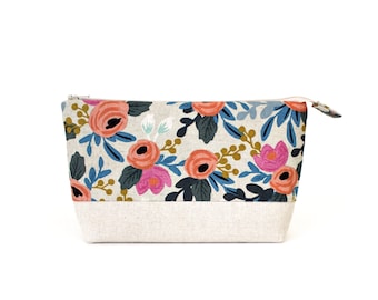 Makeup Bag with Waterproof Lining in Les Fleurs Canvas Fabric by Rifle Paper Co. Made in Vermont by Made on Main VT