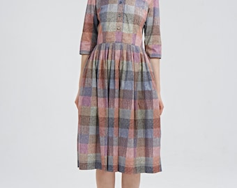 Wedding guest dress 50s dress 1950s dress Pin up dress Button up dress Plaid dress Pink dress Handmade Fit and flare Dress with pockets