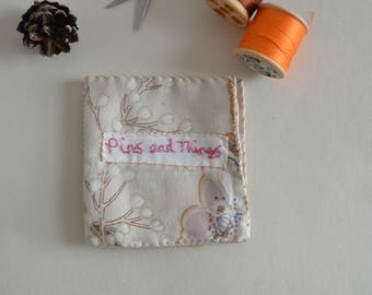 Sewing needle case. Needle book. Hand sewn needle book made from vintage and new fabrics. Hand embroidered wording. Gift for makers.