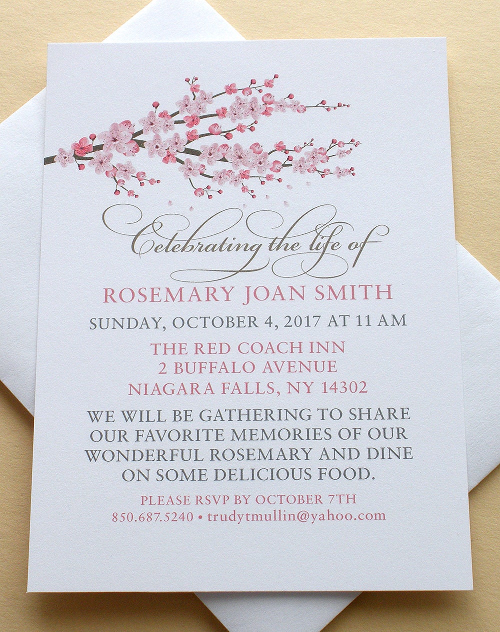 Celebration of Life Invitations with a Branch of Pink Blossoms