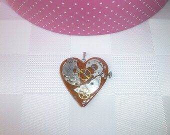 Handmade Steampunk Heart Pendant, Industrial Mechanical Look brown polymer clay