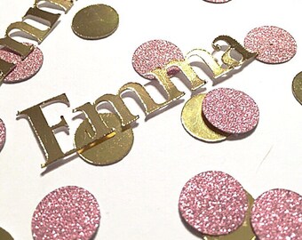 Custom gold foil and glitter blush pink confetti. Girl Birthday confetti. Gold and pink party decorations. Custom party supplies.