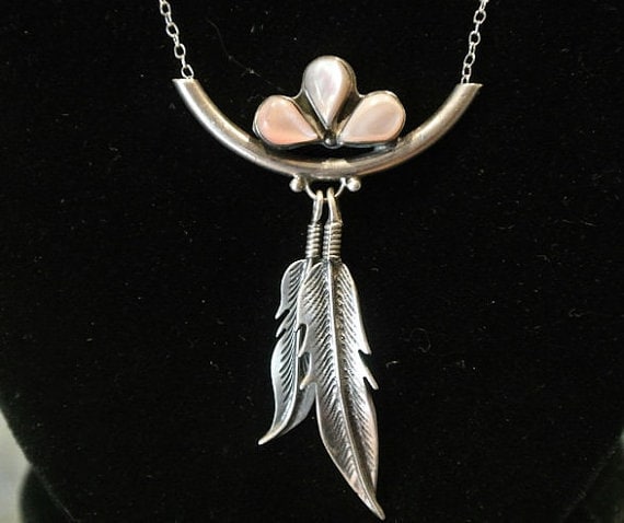 Mother of Pearl Pink Pendant / Sterling Silver Necklace / Double Feather / Native American
