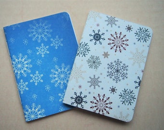 Pretty snowflakes handbound notebook set for a white Christmas--set of 2 in A6 size in light blue and white