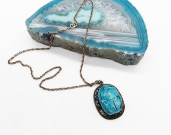 Vintage Egyptian revival sterling silver Turquoise faience scarab signed pendant necklace