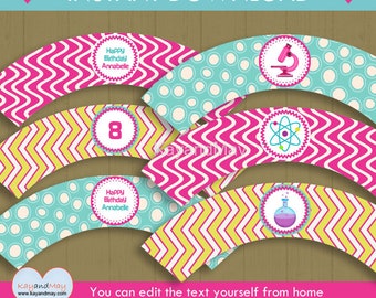 Science Party Cupcake Wrappers - Scientist party wrappers for cupcakes - science lab theme - INSTANT DOWNLOAD #P-54 - with editable text