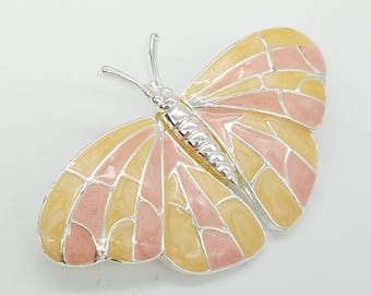 Vintage Pink, Yellow & Silver-Tone Enamel Butterfly Brooch