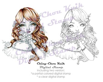 Little Daisy - PRINTABLE Instant Download Digital Stamp / Spring Flower Braid Lady Woman Girl Art by Ching-Chou Kuik