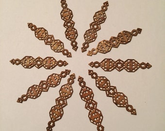 Ten (10) Unusual Brass Filigree Bars, Lovely Ornate Stamping, Copper, Patina, Antique Gold