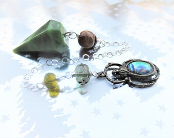 Jade Pendulum, Sunstone Bead , Vintage Czech Glass Beads, Scarab Charm, Egyptian Scarab, Sterling Chain