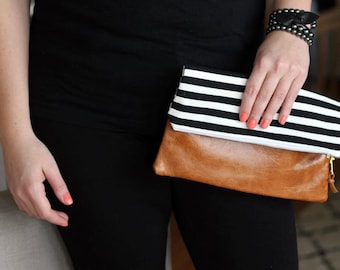 Black Stripe Clutch, Fold over clutch, Leather fold over clutch, Striped Clutch Bag, Black Clutch, Black Stripe Bag, Bridesmaid Gift