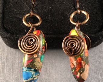 Rainbow Variscite Earrings, Antique Copper Dangle Earrings, One of a Kind, 1.75 Inches Long .25 Inches Wide