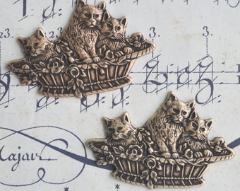 TWO Neo Victorian Brass Kitten Baskets charms with FOUR HOLES, Brass ox Stampings, Brass Stampings