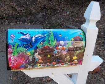 Painted and or other mixed media Mailbox-2 Dolphins and Tropical Reef