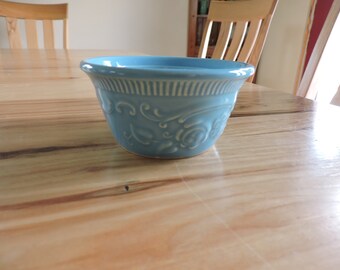 Mid-Century TST Oven-Serve Ware Single Casserole, Taylor Smith and Taylor Pottery Individual Custard, Vintage Aqua Dish with Floral Design