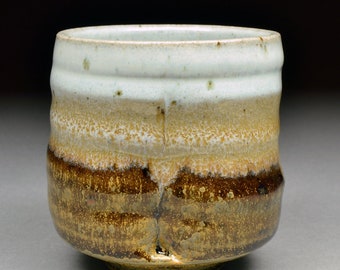 Extraordinary Small Handmade Stoneware Yunomi Tea Cup or Larger Guinomi Sake Cup glazed with Yellow Crystal Matte with Nuka Glazed Interior.