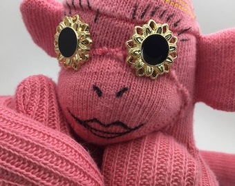 Pink Handmade Sock Monkey With Big Crazy Button Eyes