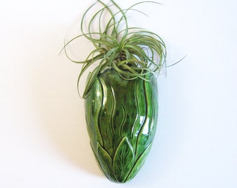 Vintage Ceramic Wall Planter - Tropical Green Wall Decor - Dalicean Ware D2 - Ceramic Wall Pocket - Air Plant Display Kitchen Utensil Holder