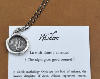 Owl Wisdom Wax Seal Necklace The night is full of wisdom - Wax Seal Pendant of an Owl in a Tree - 111