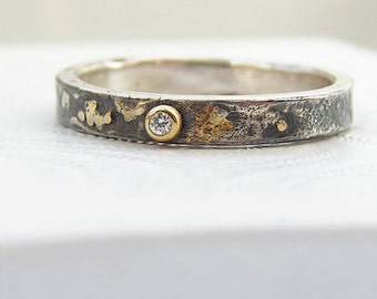 Gold Chaos - Tiny Diamond, Oxidized Silver and 18kt Gold Alternative Rustic Engagement Ring