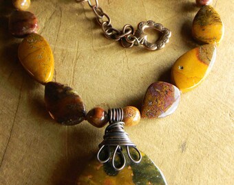 Agate Necklace, Tribal, Jewelry, Pendant, Red Jasper, Agua Nueva, Copper Wire Wrapped, Yellow, Southwestern