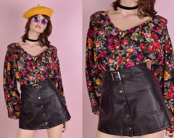 90s Floral Print Oversized Blouse/ Small-Medium/ 1990s/ Long Sleeve/ Ruffled