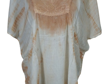 Light Brown Tie Dye Cover Up Top Kimono Style Gypsy Boho Chic Summer Fashion Rayon Loose Comfy Blouse Kaftan Top