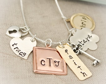 Personalized Charm Necklace, Mommy Necklace, Family Jewelry, Hand Stamped Jewelry, Mixed Metals Necklace, Mother's Day Gifts, Gifts for Her