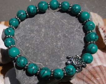 Stretch Bracelet, Turquoise Green Howlite, Turtle Charm, Ladies Stretch Bracelet