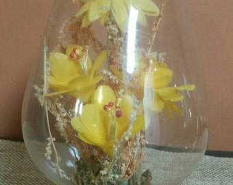 Glass Terrarium Egg Shaped Display/Cork in the Bottom/Filled With Silk Flowers/Vintage Decor/Vintage 1970s/Repurpose Project/Crafting