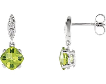 14K White Gold Peridot & .04 CTW Diamond Earrings Augugust Birthstone Birthday Gift